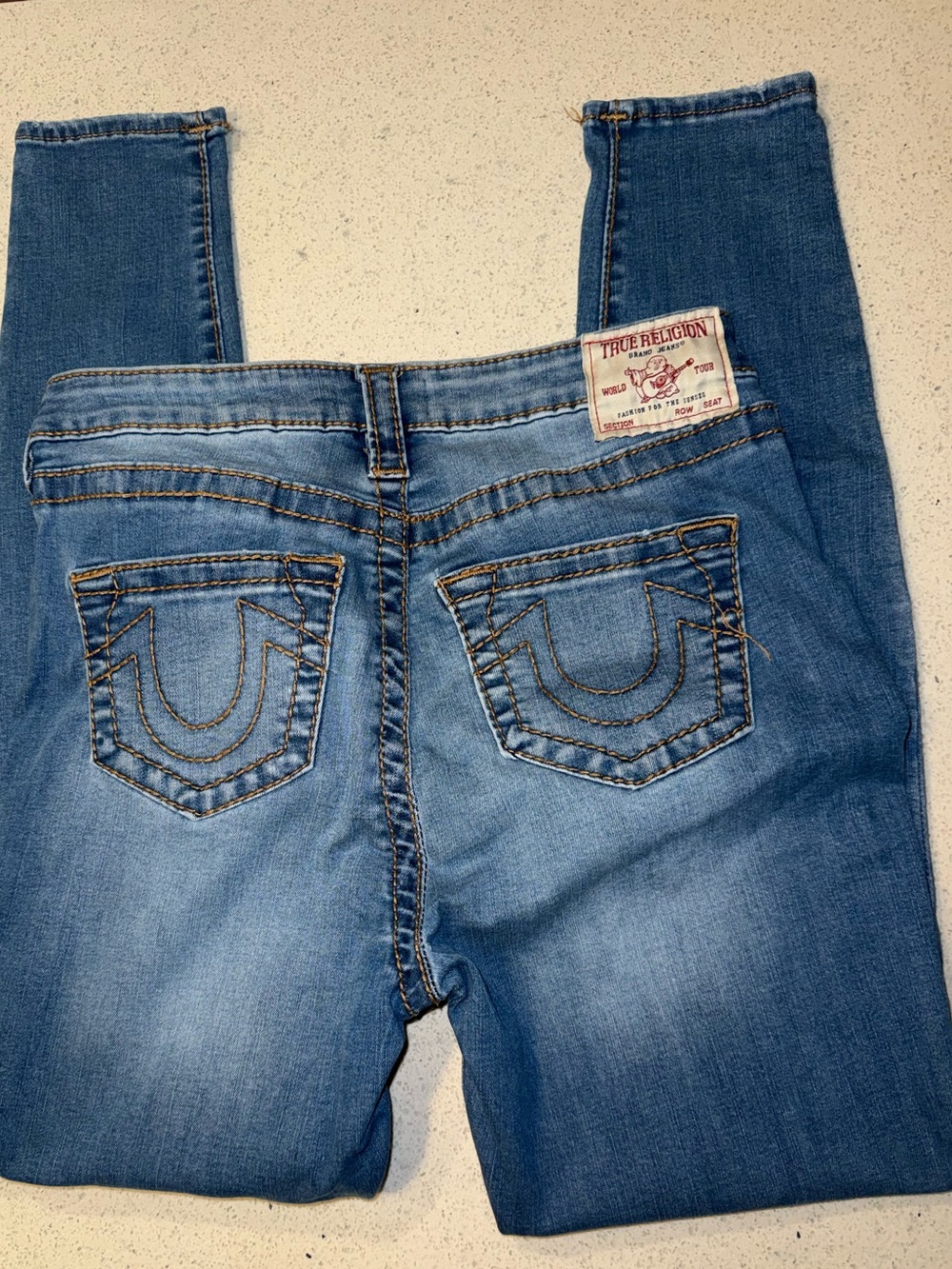 True Religion Women's Light Blue Skinny Jeans with Signature Back Stitching